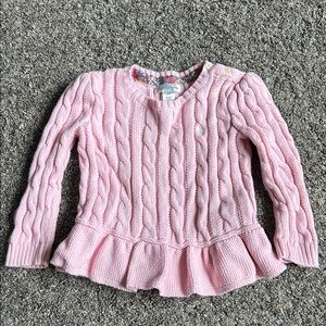 Pink Cable Knit Sweater with Ruffle Hem